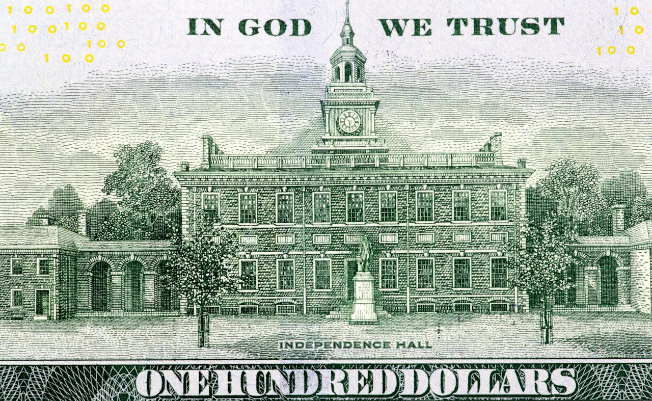 Detailed view of Independence Hall from US hundred dollar bill for currency themes.